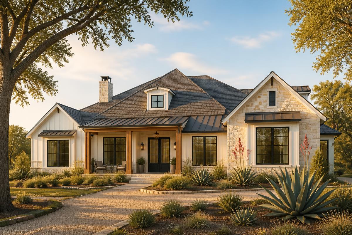 Conceptual Whitehawk Home design in a Texas transitional style with a hipped and gabled reinforced insulated concrete roof strategy; not a completed WHITEHAWK ICF project.